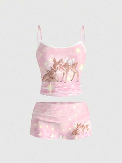 ROMWE Kawaii Cute Deer & Starry Print Sexy Camisole And Shorts 2pcs Set For Women