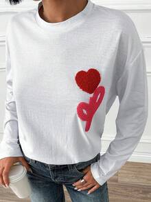 EURMUSE Heart Embroidery T-Shirt, Oversized Cotton Blend Breathable Fabric, Relaxed Fit Silhouette, Long Sleeve Classic Cut, Minimalist Valentine-Inspired Graphic, Premium Quality Cotton Fabric, Perfect For Casual Daily Styling, Comfortable Loose Fit, Easy-Care Fabric Construction - White - View 6