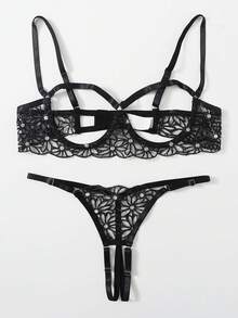 Spicy Aura Set de lencería con aro de malla con bordado con abertura - Negro - Ver 3