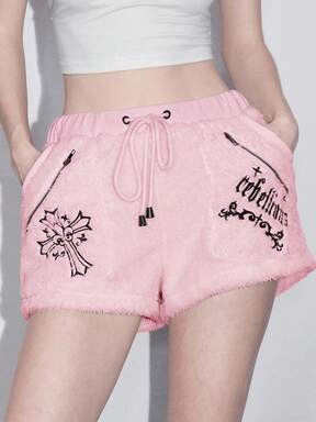 Y2K Gothic Cross Embroidered Fuzzy Women Shorts, Halloween