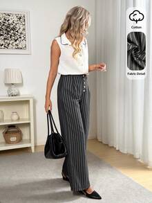 Easowa 女士条纹纽扣休闲百搭日常通勤阔腿裤 - 灰色 - 查看 4