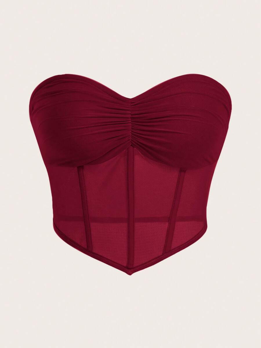 SHEIN ICON Áo corset ống lưới viền bandana nhún màu đen - Màu Đỏ Sâu - Xem 1