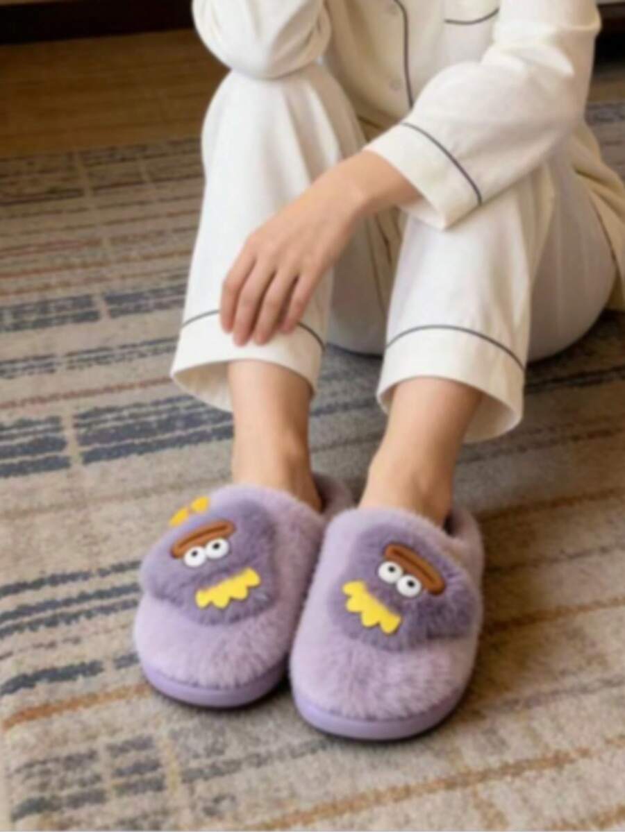 Suela de 4 cm, lindas zapatillas de algodón cómodas y antideslizantes de dibujos animados 2025 otoño e invierno nuevas zapatillas de piel cálida de suela gruesa para mujer - Morado - Ver 1