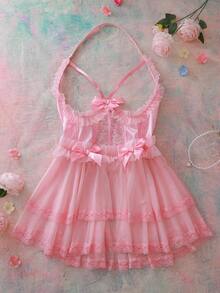 FloralLove Đầm ngủ gợi cảm cỡ lớn, chất liệu satin ren hoa, viền bèo nhún, dây mảnh, hở lưng, thắt nơ, thích hợp cho các bữa tiệc lãng mạn, kỳ nghỉ. - Hồng - Xem 1