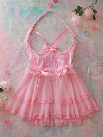 Plus Size Floral Lace Satin Ruffle Trim Spaghetti Strap Sexy Backless Bow Tie Romantic Sweet Party Vacation Slip Dress Lingerie