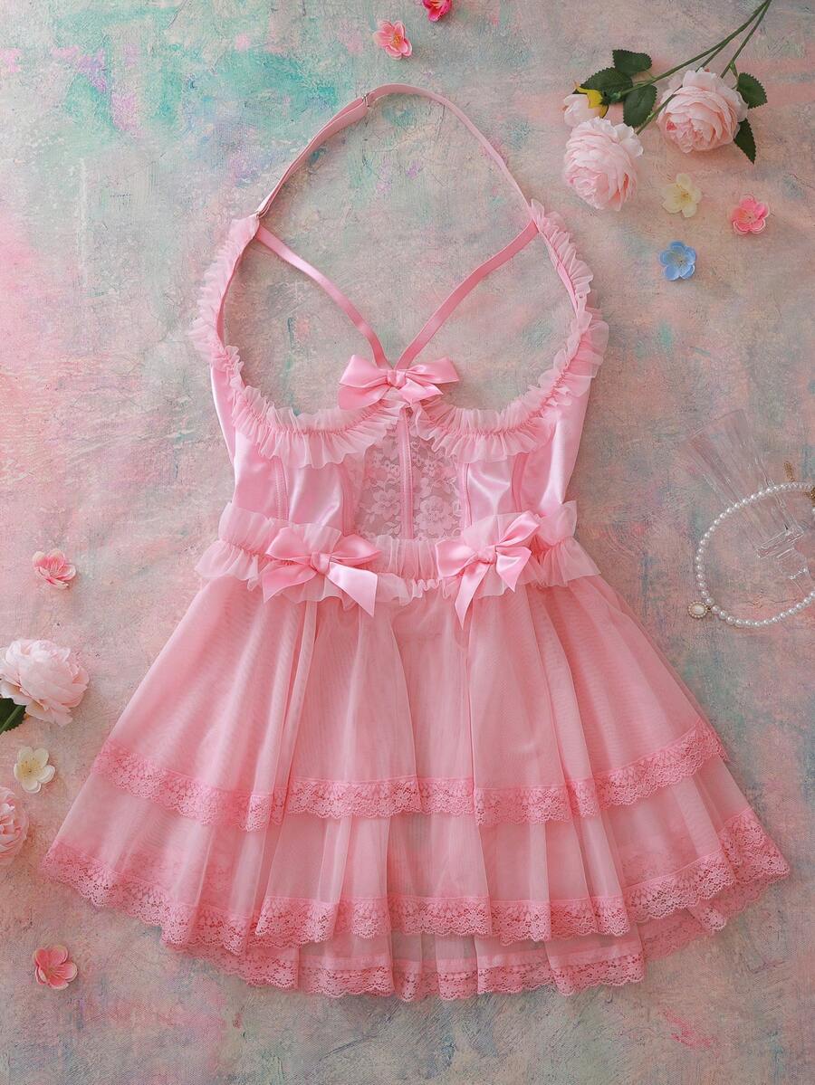 FloralLove Đầm ngủ gợi cảm cỡ lớn, chất liệu satin ren hoa, viền bèo nhún, dây mảnh, hở lưng, thắt nơ, thích hợp cho các bữa tiệc lãng mạn, kỳ nghỉ. - Hồng - Xem 1