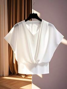 GlowEve CURVE Women's 2 In 1 Chiffon Patchwork Bat Sleeve Shirt, Cropped Waist Top - White - View 1