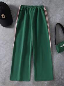 SHEIN Tween 女童撞色松紧腰抽绳宽松直筒休闲裤 - 綠色 - 查看 2