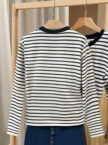 Franclia 女士休闲条纹圆领宽松长袖T恤，秋季