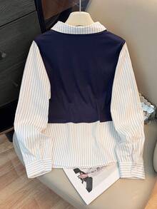 Resyla New Women's Casual Striped Patchwork 2 In 1 Shirt - Navy Blue - View 2