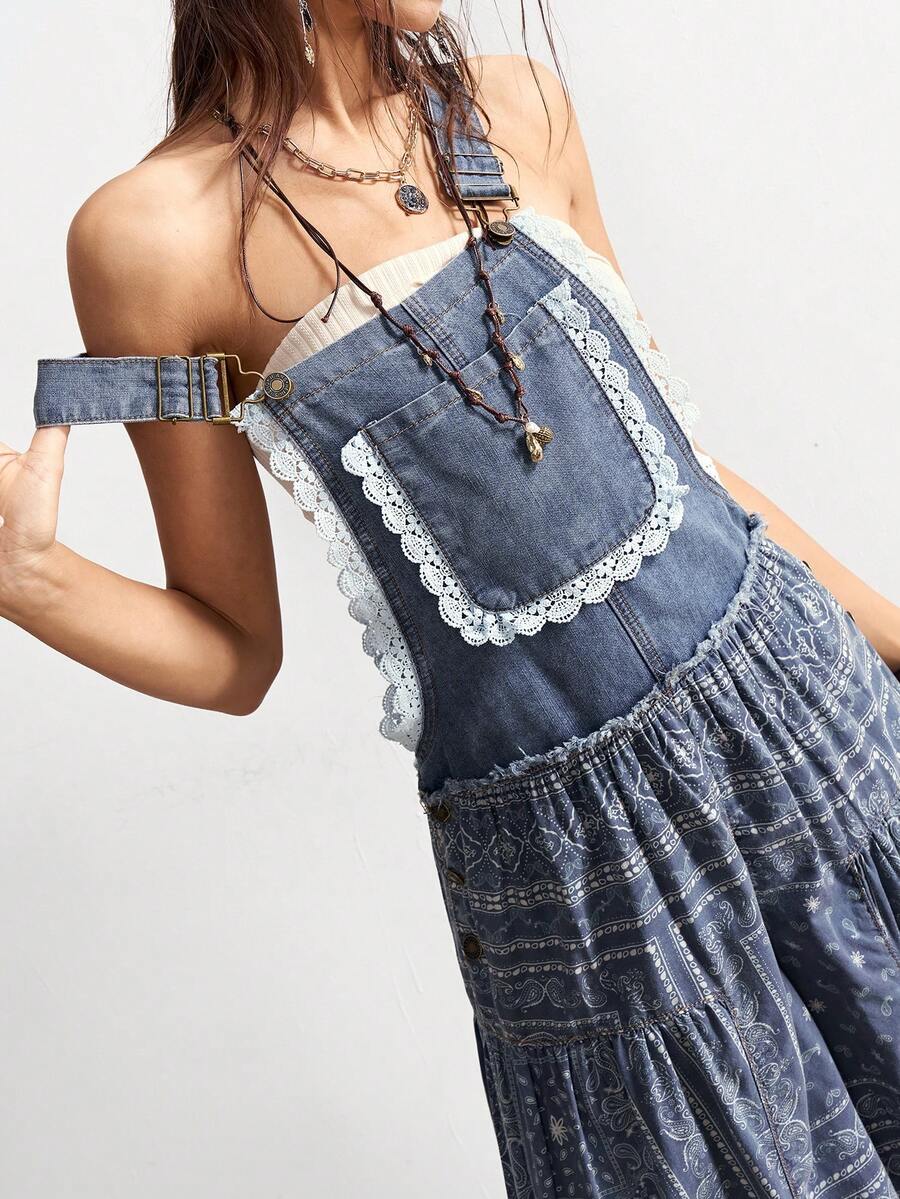 Bohemela 音乐节、假日、派对休闲牛仔拼接阔腿连体裤（女款） - 藍色 - 查看 1