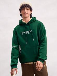 Open Phase 男士休闲字母图案口袋抽绳连帽运动衫，秋季 - 綠色 - 查看 5