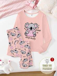 Girls Cute Koala Print Pink Knitted Stretchy Soft Comfortable Snug Fit Long Sleeve Top And Pants 2 Pieces Pajama Set - Dusty Pink - View 3