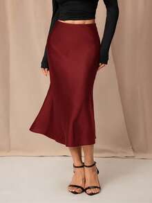 SHEIN PETITE 黑色高腰純色緞面質感裙，適合舞蹈與日常穿著，適合嬌小女性 - 酒紅色 - 查看 3