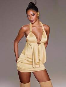 Normani 2 pièces/set Débardeur à col ras-du-cou + Jupe-short à taille basse avec décoration métallique, style vacances et fête, printemps/été - Nude - Voir 1