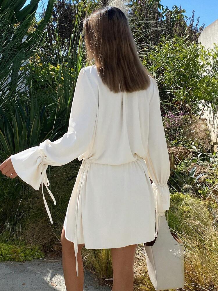 Women's Solid Color Loose Cinched Waist Tie Elegant Maxi Shirt, Spring/Autumn Long Sleeve