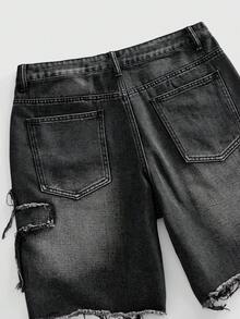ROMWE MEN Men's Cross Patch Pocket Distressed Casual Denim Shorts - Black - View 8