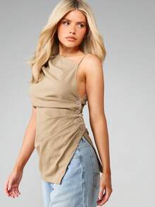 MISSGUIDED Asymmetric One Shoulder Ruched Tank Top With Button Details For Women Fall Winter Casual Versatile Style - Grey - View 1