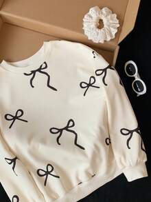 Comfortcana 2025 New Fall/Winter Fashionable Women's Bow Print Simple Daily Crew Neck Long Sleeve Sweatshirt, Long Sleeve Top In Fall/Winter For Women Christmas New Year Casual - Beige - View 7