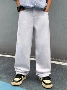 SHEIN 青少年男孩时尚返校节街头服饰混搭百搭设计复古酷炫街头宽松舒适清爽，以及返校节街头服饰混搭百搭设计基础款白色牛仔宽松牛仔裤，适合日常穿着以及春夏锐舞节和街头服饰。 - 白色 - 查看 3