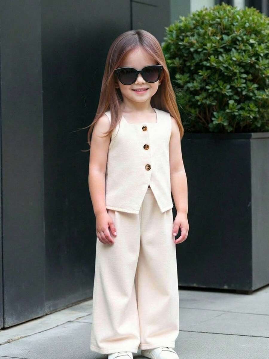 夏季 Babygirl 休闲简约杏色无袖上衣和松紧腰宽松裤套装 - 米色 - 查看 1