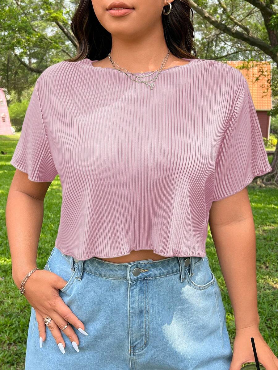 SHEIN EZwear Áo thun tay ngắn họa tiết gân màu hồng cỡ lớn, thường ngày, đa năng - Hồng - Xem 1