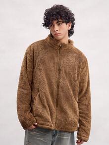 Open Phase Men's Casual Fleece Lined Solid Color Windproof Warm Jacket, Suitable For Sports, Outdoor, Street Wear - Khaki - View 7