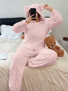 SHEIN 大码毛绒小麦色提花舒适可爱动物连体帽睡衣，蓬松冬季 - 粉色 - 查看 8