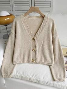 Comfortcana Conjunto informal de 2 piezas de talla grande para mujer, compuesto por un cárdigan de punto de manga larga con hombros caídos y pantalones de punto, para otoño/invierno - Caqui - Ver 7