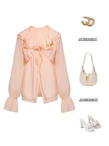 Gloray Ruffle Trim Flounce Sleeve Knot Front Top - Baby Pink - View 8