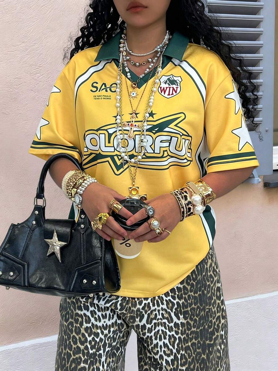 Rovax 女士休闲时尚街头运动风字母星形印花撞色V领短袖T恤，夏季 - 黃色 - 查看 1