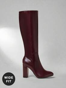 SHUZIA 女士宽筒舒适粗跟过膝长靴，侧拉链设计 - 酒紅色 - 查看 7