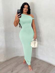 SHEIN SXY Đầm suông cổ lệch đính kim loại màu trơn thanh lịch dành cho nữ - Màu xanh Bạc hà - Xem 3