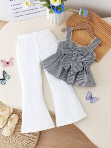 SHEIN Genkimix Kids Young Girl' Fashion Stylish Set, Big Bow Strap Dress Vest + Slim Flared Pants, Sweet & Cute 2 Pieces Outfit, Summer Teenage Girl Clothes Sets Pants Shirt Kpopp Low Waisted Flare Kids Young Girls Cami And Wide Leg Pants Set Sumwon Flare Pants Set Kids Girls Pants And Top Birthday Girl