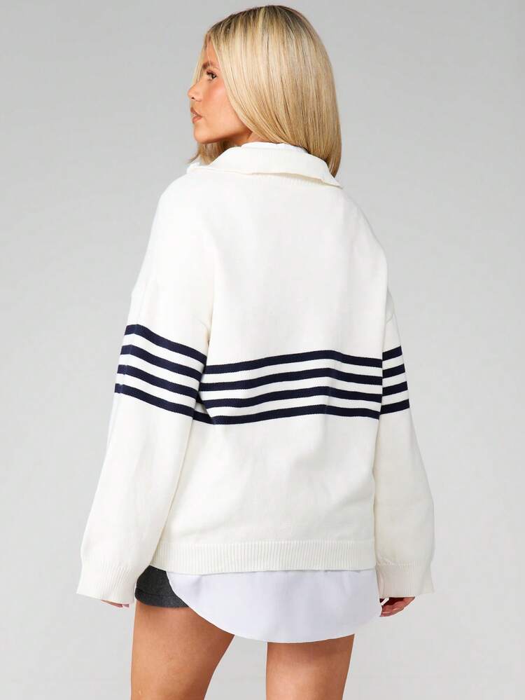 MISSGUIDED Maglione a collo con chiusura lampo, a righe, in maglia, a maniche lunghe, casual, pullover, per l'inverno e l'autunno, da indossare a strati