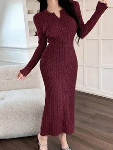 Feyla 韩式甜美性感白色海豚尾巴针织长款毛衣连衣裙 - 酒紅色 - 查看 5