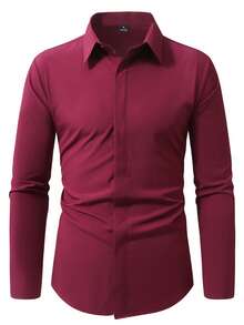Manfinity Mode Men's Long Sleeve Dress Shirt | Solid Color Business Casual & Formal Button-Up, All-Season Comfort, Regular Fit For Office & Casual Attire, Smooth Texture Dark Red Shirt Burgundy Shirt For Men Men Dress Shirt Business Casual Men Shirt Maroon Shirt Men - Burgundy - View 3