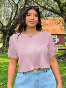 SHEIN EZwear Áo thun tay ngắn họa tiết gân màu hồng cỡ lớn, thường ngày, đa năng - Hồng - Xem 7