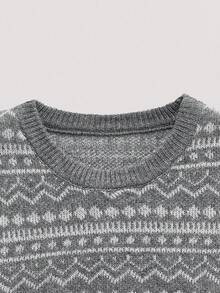 Open Phase 男士圆领北欧风圣诞宽松几何图案男女通用套头针织长袖毛衣，秋冬INS风，日常搭配，男友/老公礼物 - 灰色 - 查看 3