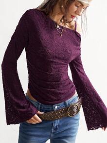 Bohemela 女士优雅不对称露肩上衣，配有可调节肩带，针织蕾丝柔软弹力长袖喇叭袖衬衫，女士休闲纯色针织蕾丝露肩长袖常规上衣，圣诞节女士红色上衣，酒红色上衣，女士优雅衬衫 - 紫色 - 查看 6