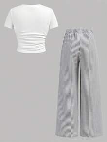 少女春夏时尚休闲简约白色印花T恤+黑白条纹针织裤两件套，百搭休闲、日常、上学、度假皆宜 - 彩色 - 查看 2