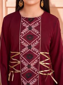 Sparklyn Girls' Middle Eastern Style A-Line Dress, Gold-Trimmed Flared Sleeves, Ribbon Embellishment, Machine Washable, Made Of Polyester Blend Fabric, Suitable For Spring, Summer And Autumn, Perfect For Everyday Wear In Spring And Autumn. - Burgundy - View 6