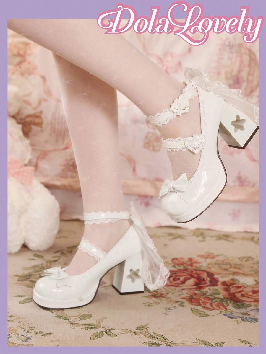 Dola Lovely Women's Fashionable Sweet Bow Decor Lace-Up Pumps - أبيض - مشاهدة 1