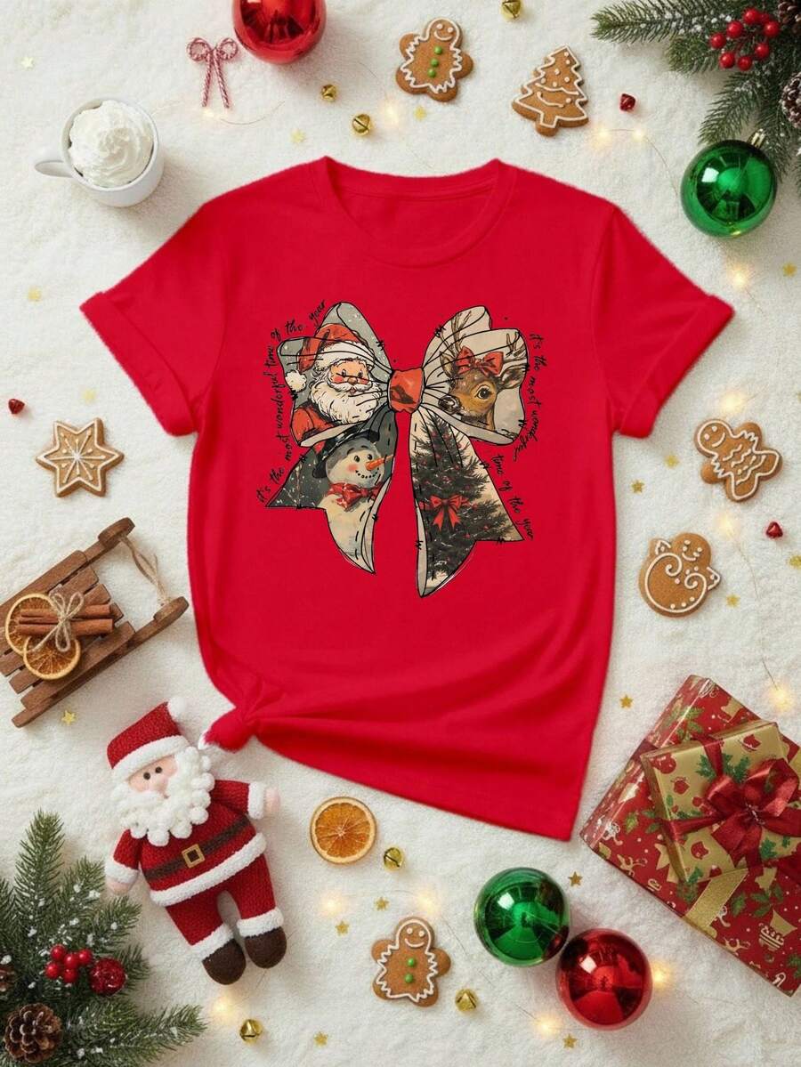 Camiseta Estampada mujer cuello redondo, mangas cortas uso casual Tshirts Moño Claus - Rojo - Ver 1