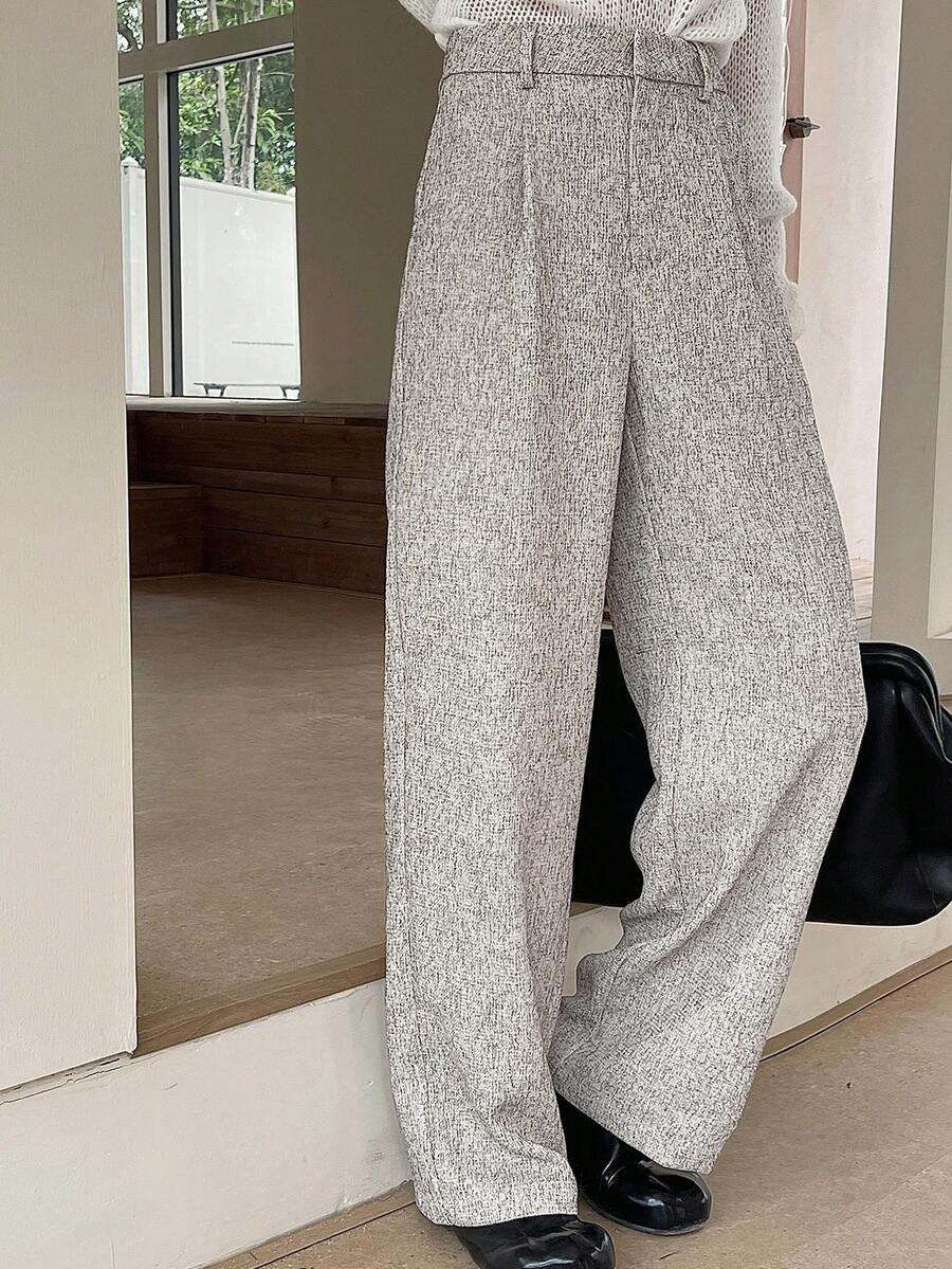 DAZY Women's Elegant Pleated Waist Belt Loose Straight Leg Pants, Spring/Autumn - Apricot - View 1