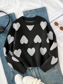 SHEIN Genkimix Kids Girls' Fashionable Minimalist Heart Pattern Jacquard Knit Sweater, Long Sleeve, Autumn/Winter Tween Girl Clothes Sweater Cute Sweater Girls Heart Sweater Teen Girl Clothes Long Sleeve Teen Girl Jumper Girls Clothes Sweater - Black - View 1