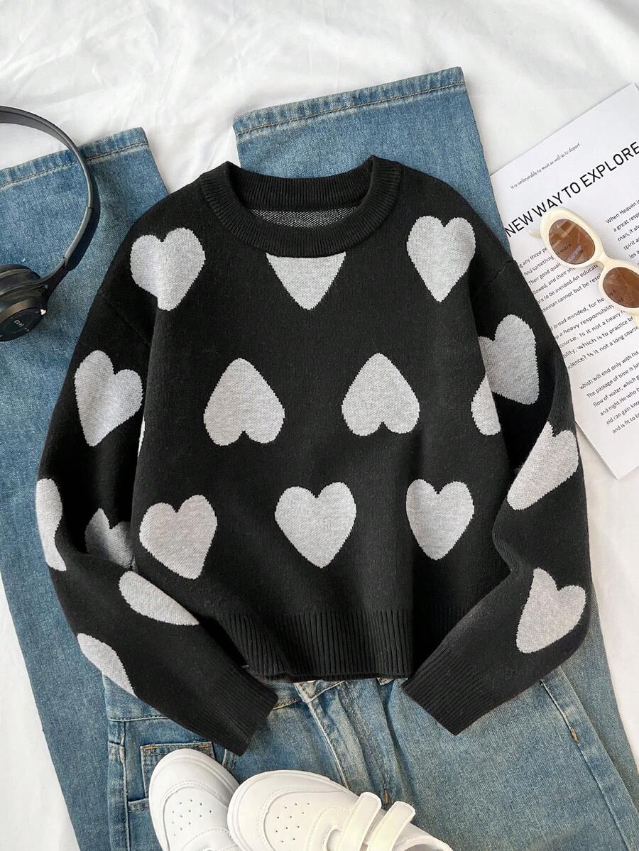 SHEIN Genkimix Kids Girls' Fashionable Minimalist Heart Pattern Jacquard Knit Sweater, Long Sleeve, Autumn/Winter Tween Girl Clothes Sweater Cute Sweater Girls Heart Sweater Teen Girl Clothes Long Sleeve Teen Girl Jumper Girls Clothes Sweater - Black - View 1