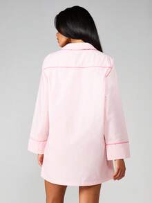 MISSGUIDED Polka Dot Heart Pocket Button Down Nightshirt Sleepwear Long Sleeve Pajama Dress - Pink - View 2