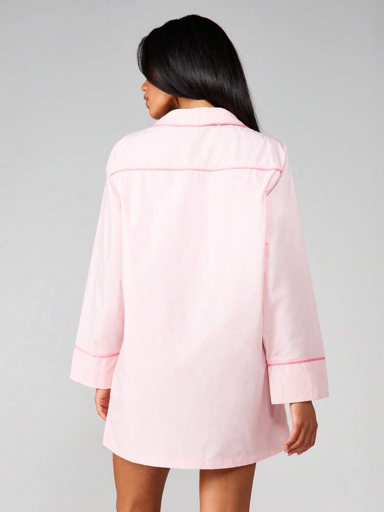 MISSGUIDED Nachthemd mit Polka-Punkt-Herz-Tasche, Knopfleiste, Langarm Pyjama Kleid