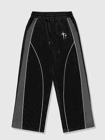 Street Life Pantaloni della tuta casual da uomo, vita con coulisse, ricamo a stelle, profili a contrasto, gamba ampia e morbida, adatti per uso quotidiano e pendolarismo